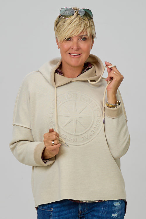 Bicolor Feinstrick Hoodie Norderney, creme-beige