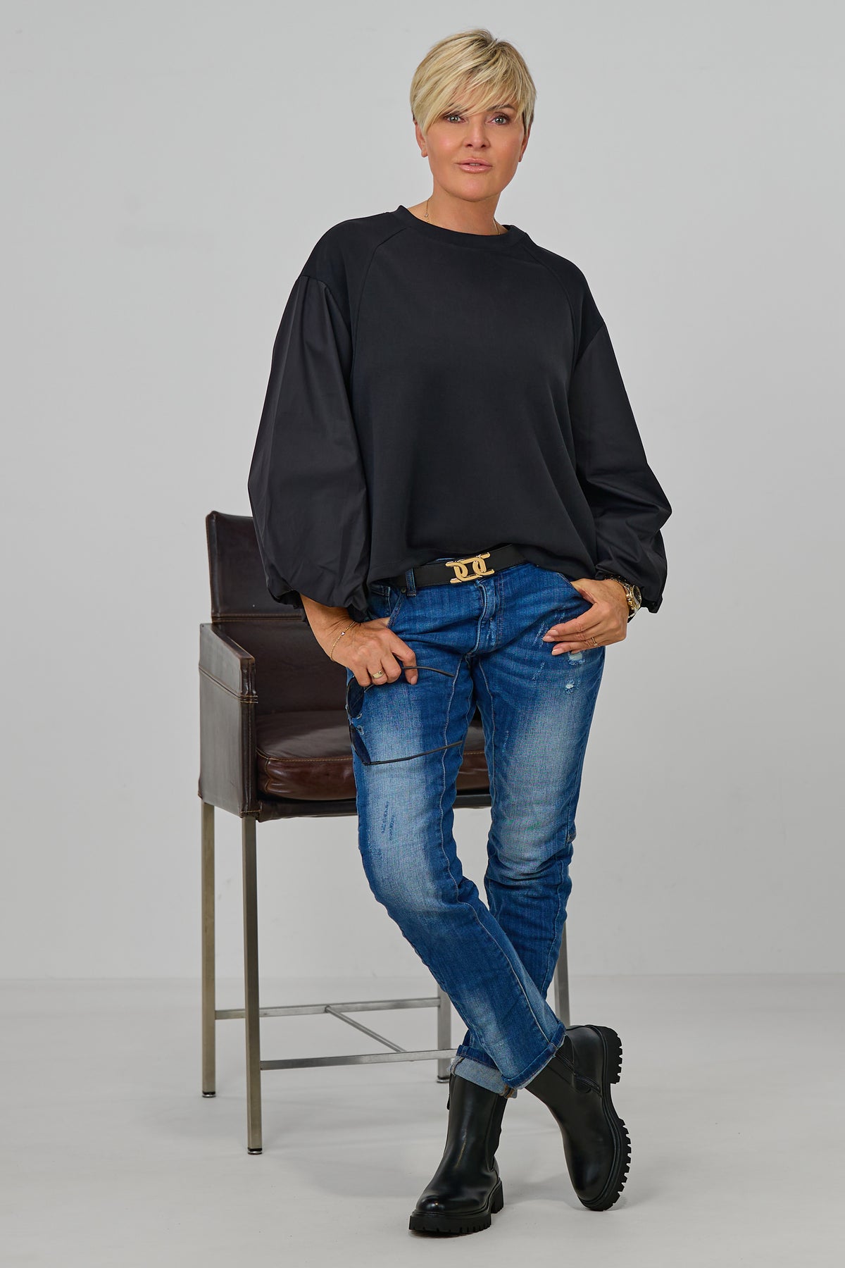 Cozy Shirt mit Balloon-Blusen-Ärmeln, schwarz