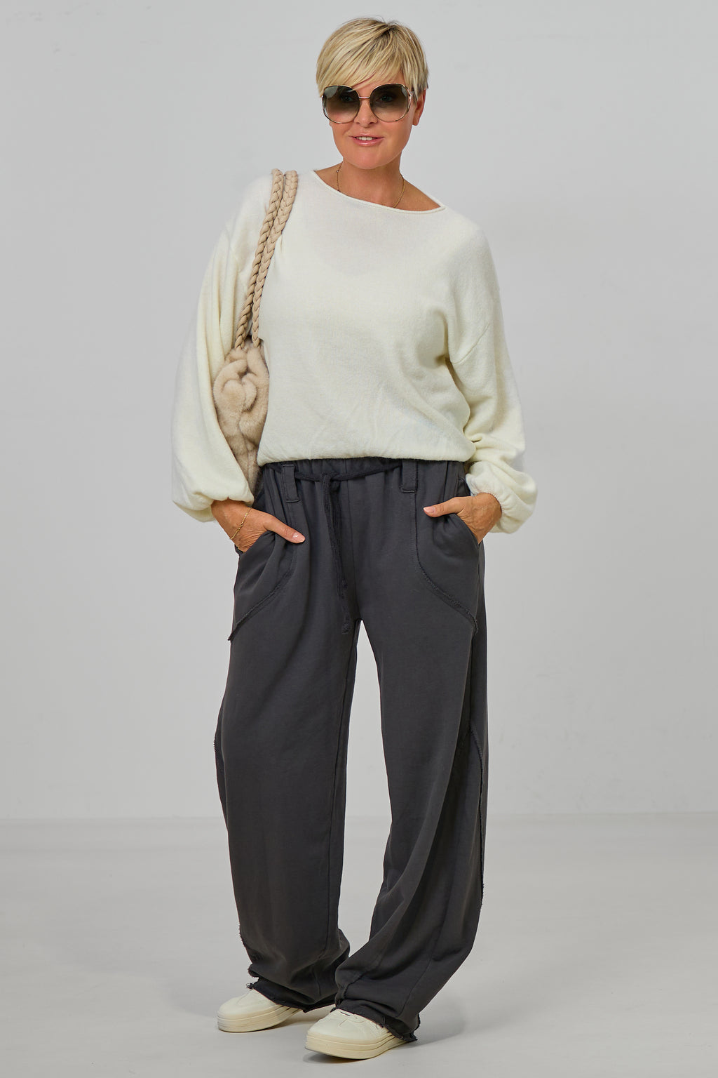Strickpulli mit elastischen Abschlüssen, ecru