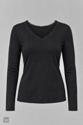 Longsleeve mit Spitze am V-Ausschnitt, schwarz