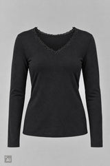 Longsleeve mit Spitze am V-Ausschnitt, schwarz