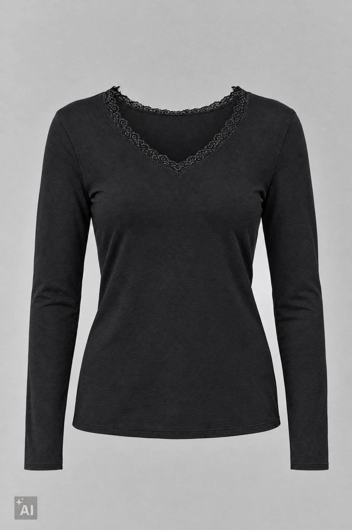 Longsleeve mit Spitze am V-Ausschnitt, schwarz