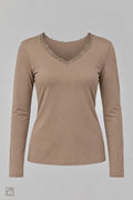 Longsleeve mit Spitze am V-Ausschnitt, taupe
