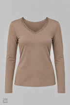 Longsleeve mit Spitze am V-Ausschnitt, taupe