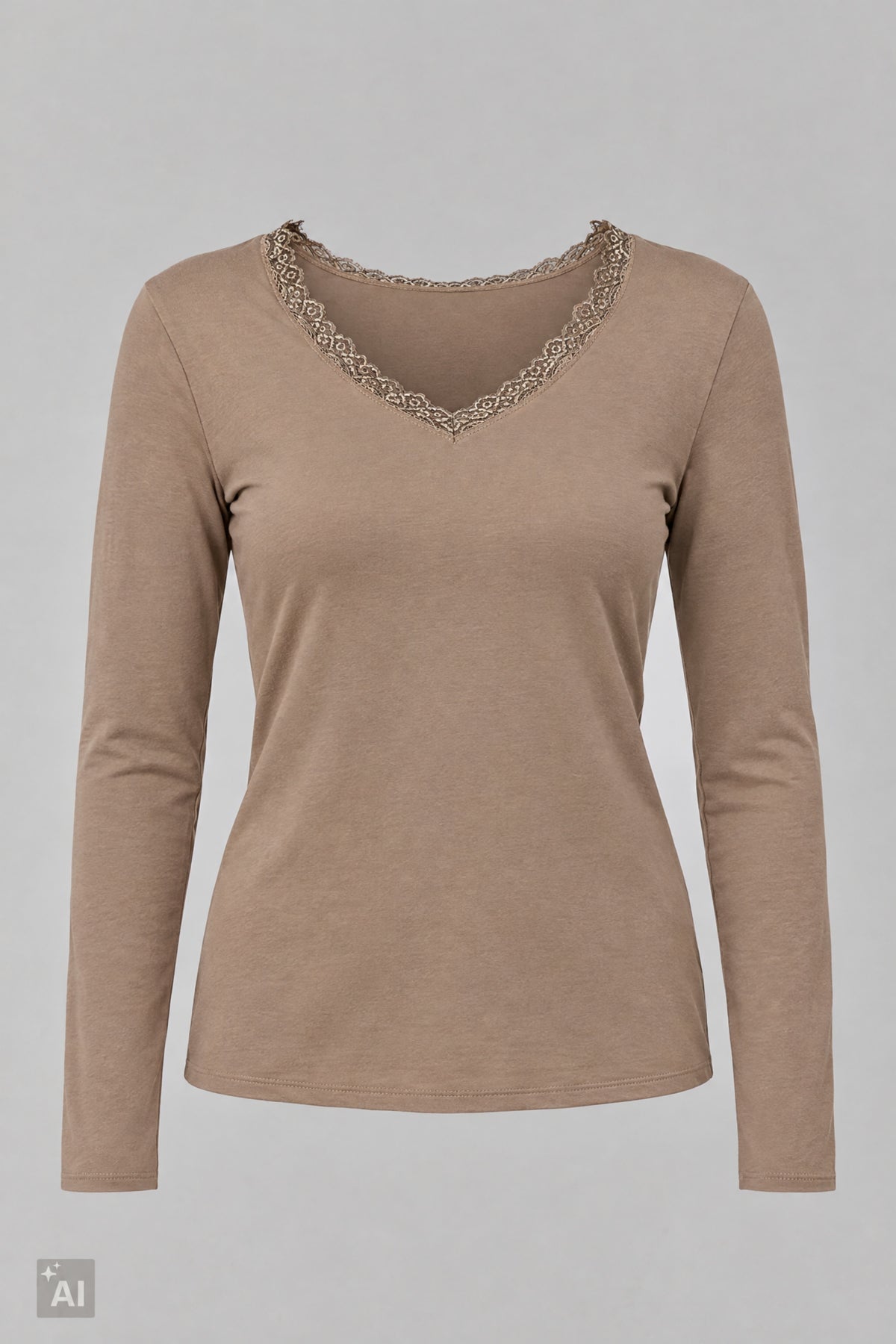 Longsleeve mit Spitze am V-Ausschnitt, taupe