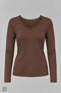 Longsleeve mit Spitze am V-Ausschnitt, braun