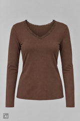 Longsleeve mit Spitze am V-Ausschnitt, braun