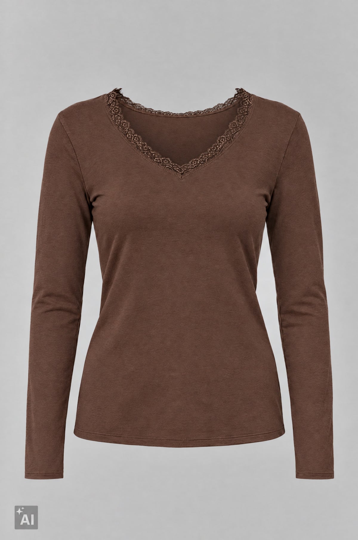 Longsleeve mit Spitze am V-Ausschnitt, braun