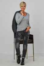 Longsleeve mit Spitze am V-Ausschnitt, grau