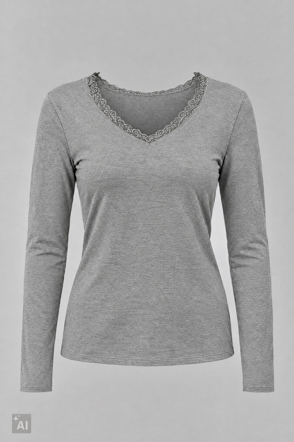 Longsleeve mit Spitze am V-Ausschnitt, grau