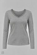 Longsleeve mit Spitze am V-Ausschnitt, grau