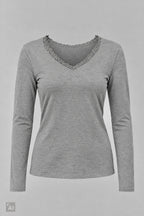 Longsleeve mit Spitze am V-Ausschnitt, grau