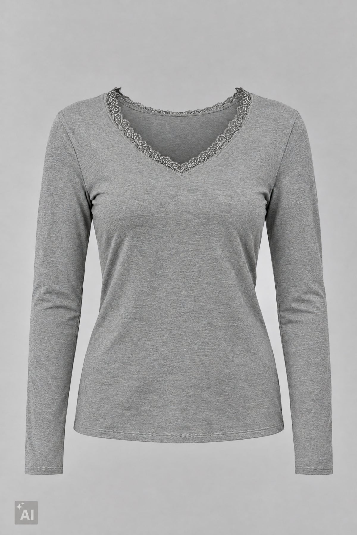Longsleeve mit Spitze am V-Ausschnitt, grau