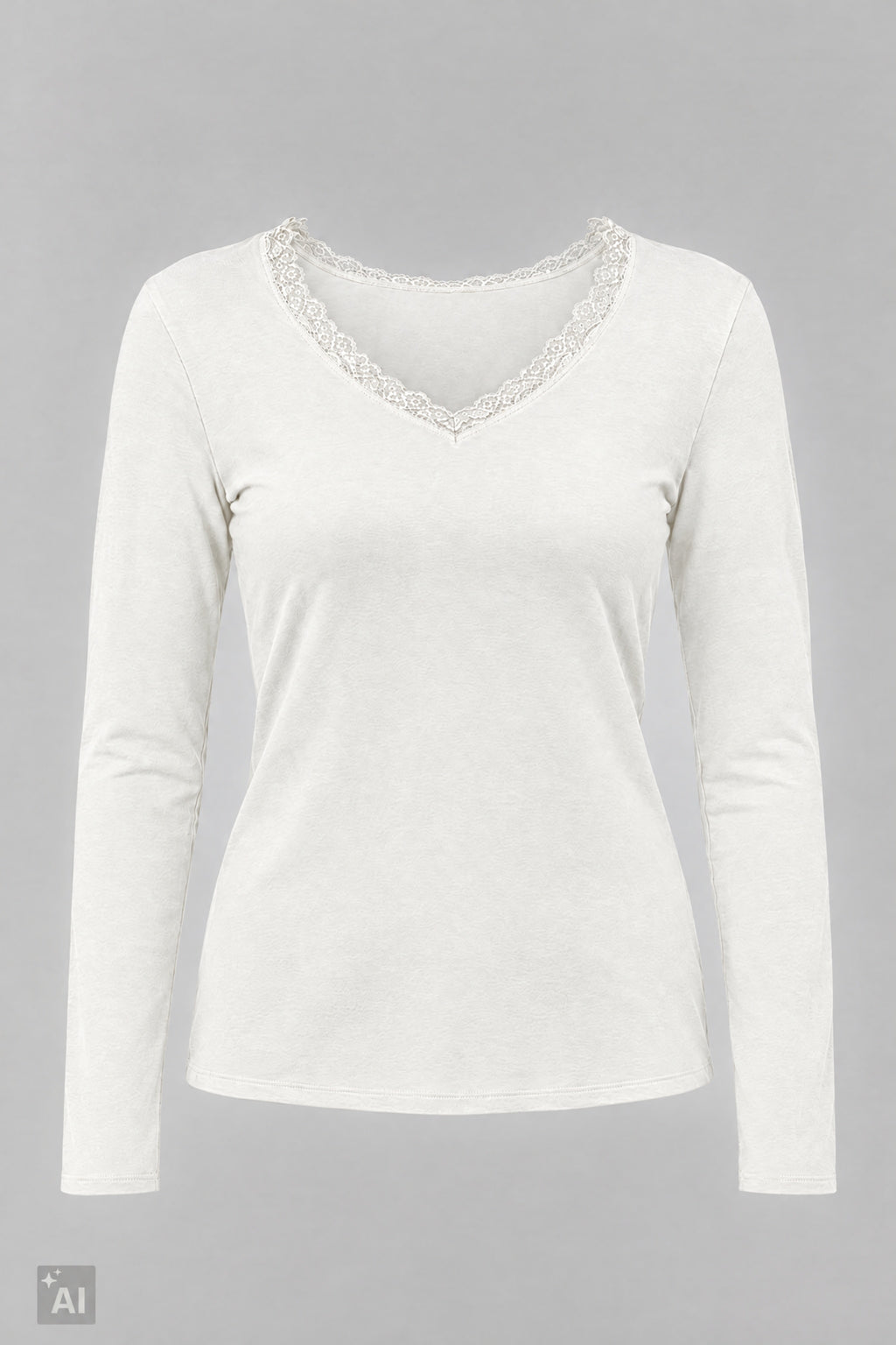 Longsleeve mit Spitze am V-Ausschnitt, ecru