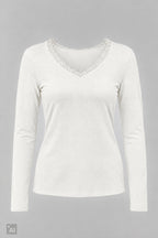 Longsleeve mit Spitze am V-Ausschnitt, ecru
