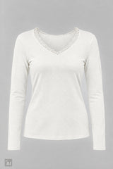 Longsleeve mit Spitze am V-Ausschnitt, ecru