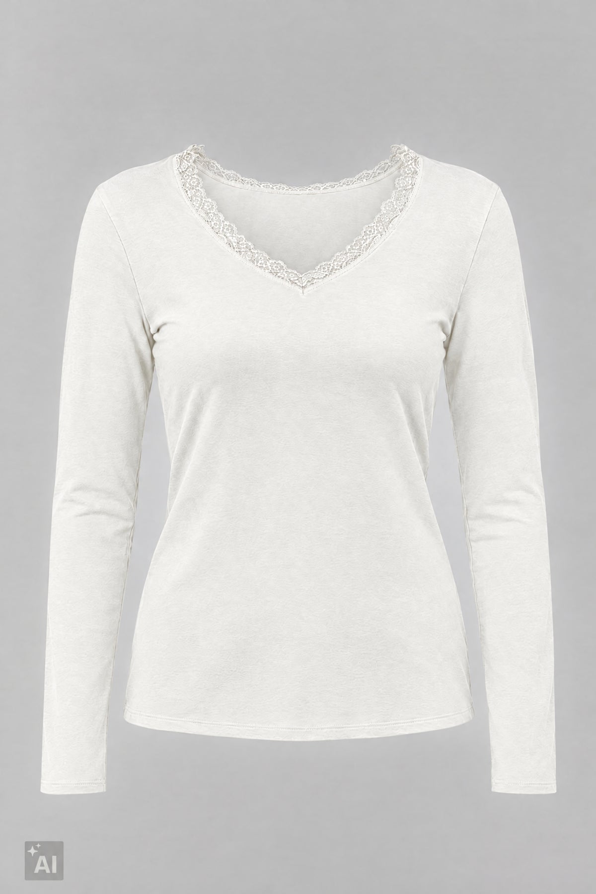 Longsleeve mit Spitze am V-Ausschnitt, ecru