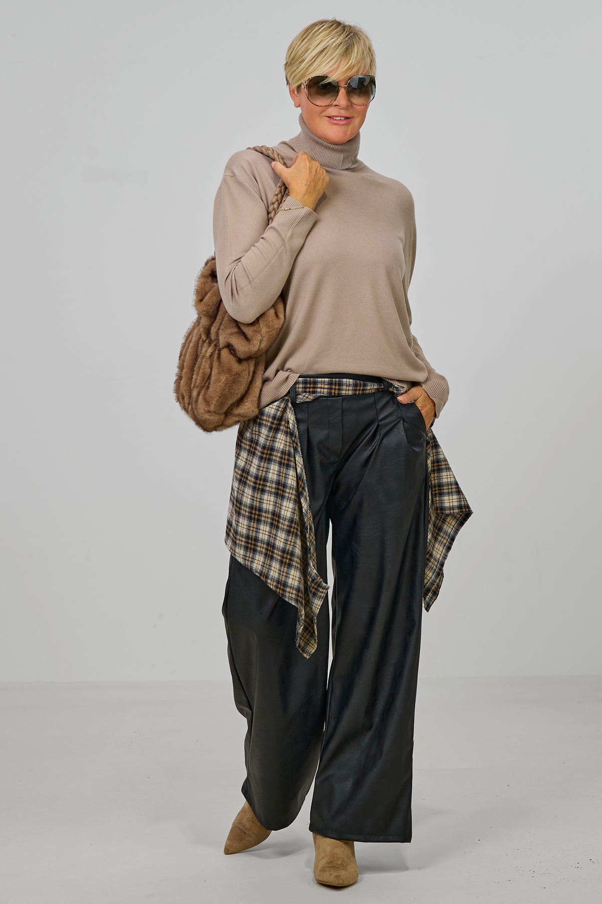Fake-Hemd mit kleinem Karomuster, schwarz-beige-camel