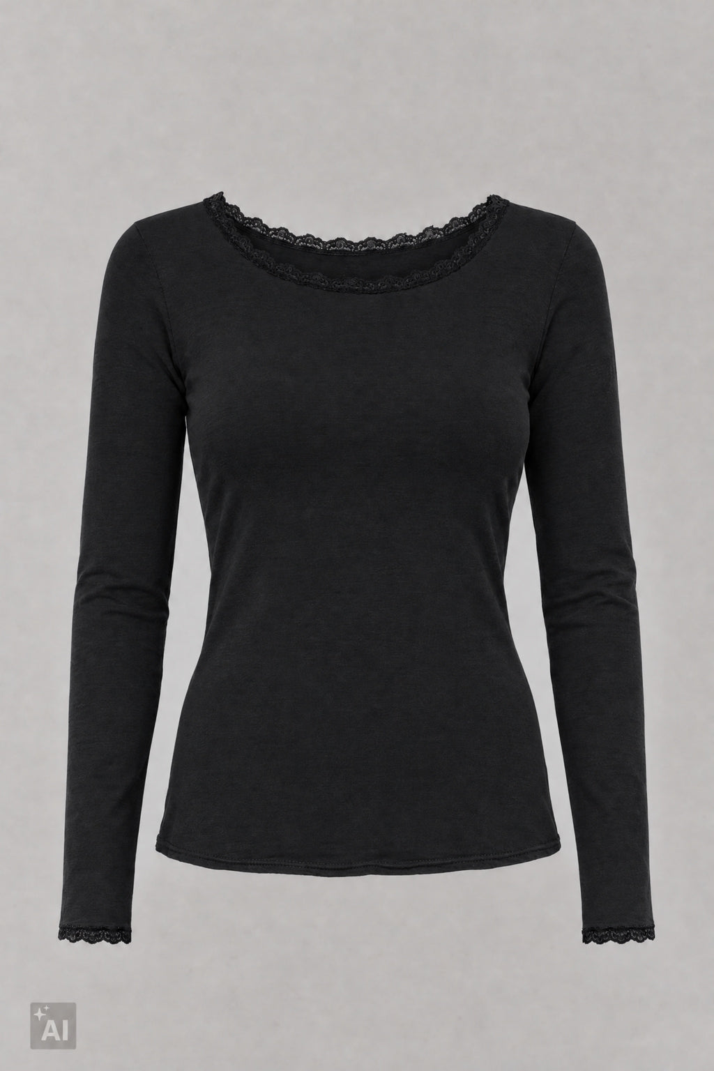 Longsleeve mit Spitze am Rundhalsausschnitt, schwarz