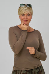 Longsleeve mit Spitze am Rundhalsausschnitt, taupe