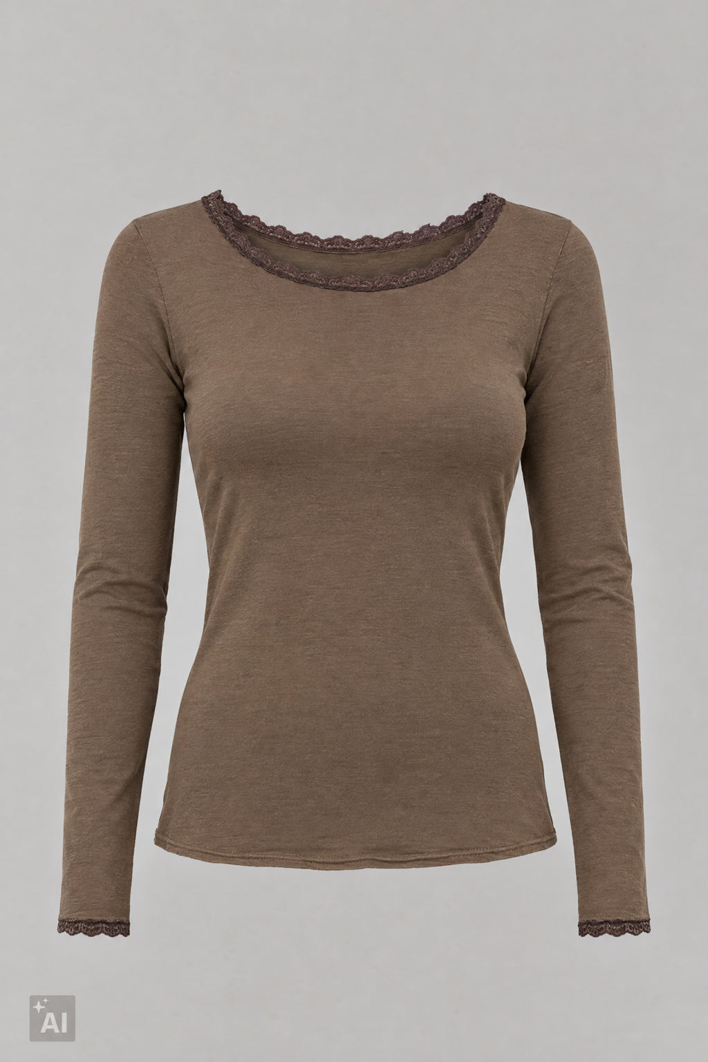 Longsleeve mit Spitze am Rundhalsausschnitt, taupe