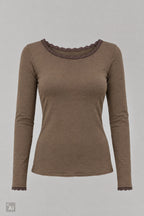 Longsleeve mit Spitze am Rundhalsausschnitt, taupe