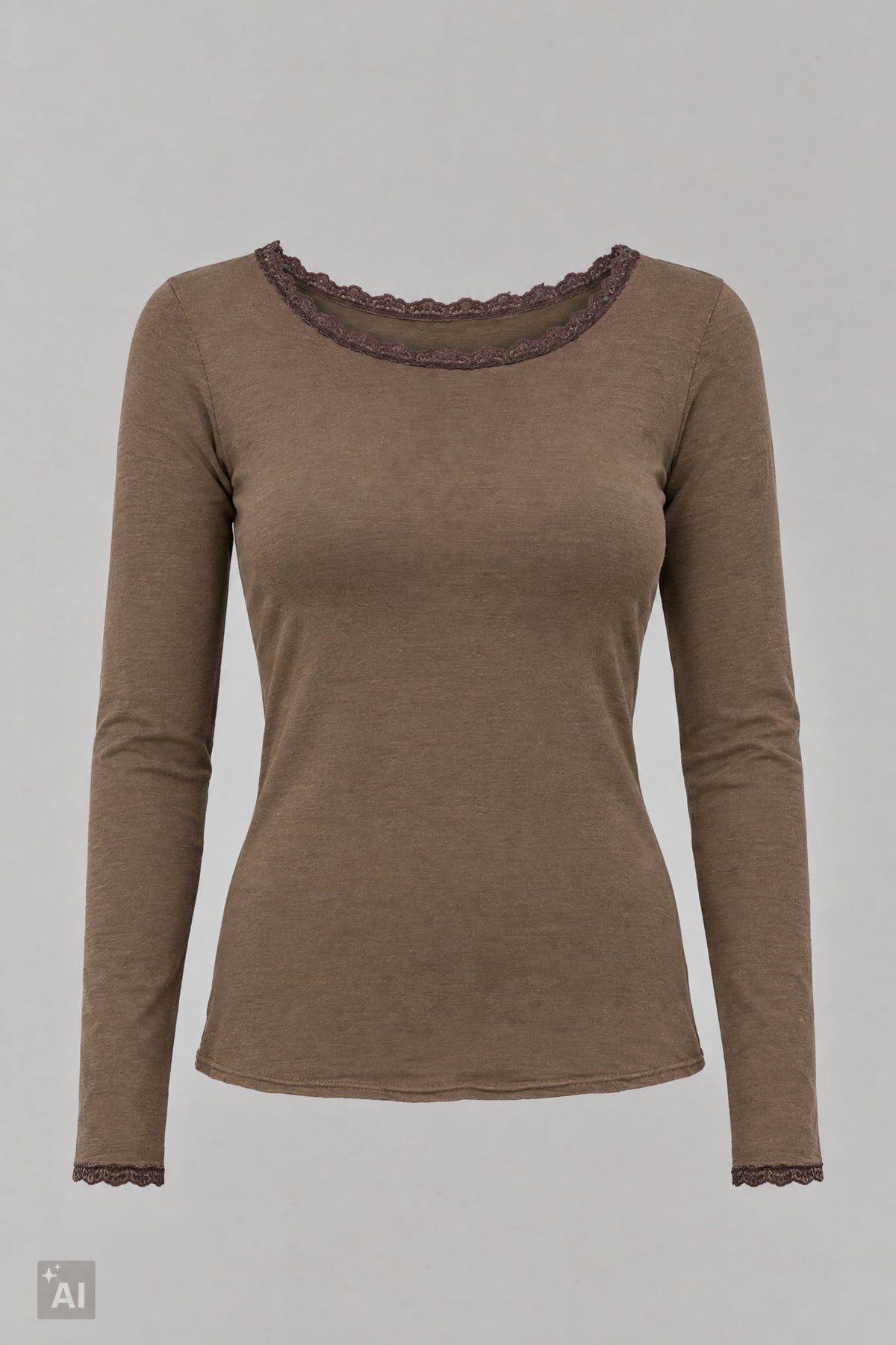 Longsleeve mit Spitze am Rundhalsausschnitt, taupe