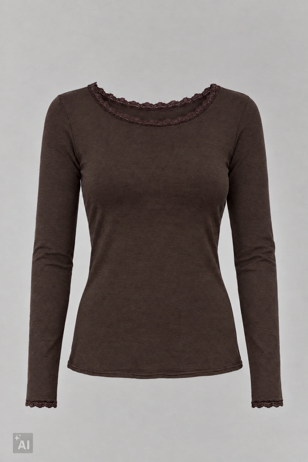 Longsleeve mit Spitze am Rundhalsausschnitt, braun