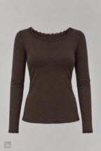 Longsleeve mit Spitze am Rundhalsausschnitt, braun