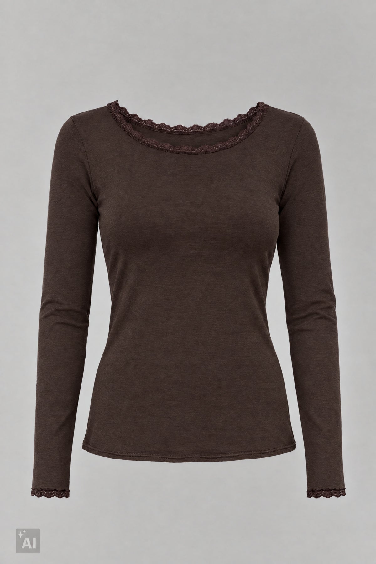 Longsleeve mit Spitze am Rundhalsausschnitt, braun