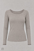 Longsleeve mit Spitze am Rundhalsausschnitt, stein