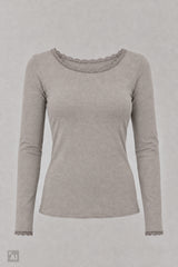 Longsleeve mit Spitze am Rundhalsausschnitt, stein