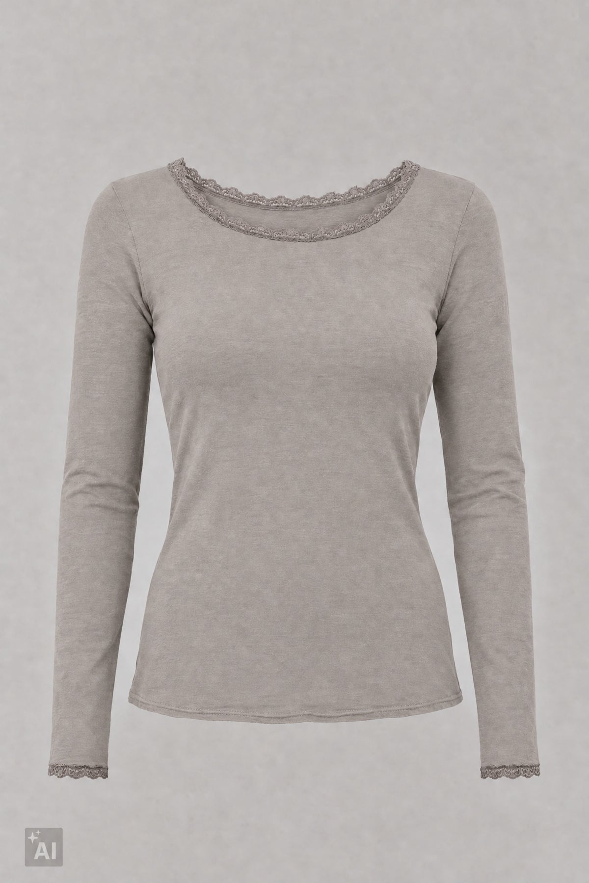 Longsleeve mit Spitze am Rundhalsausschnitt, stein