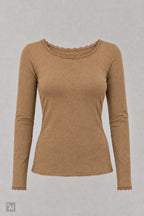 Longsleeve mit Spitze am Rundhalsausschnitt, camel