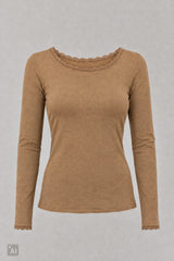 Longsleeve mit Spitze am Rundhalsausschnitt, camel