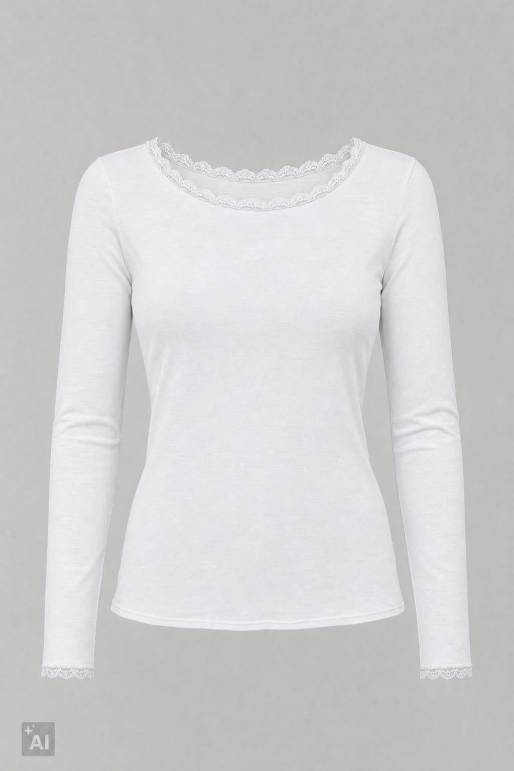 Longsleeve mit Spitze am Rundhalsausschnitt, ecru