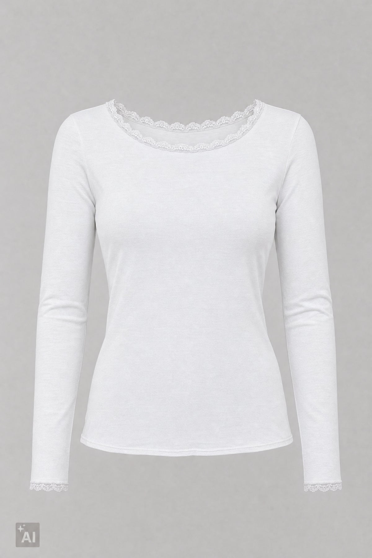 Longsleeve mit Spitze am Rundhalsausschnitt, ecru