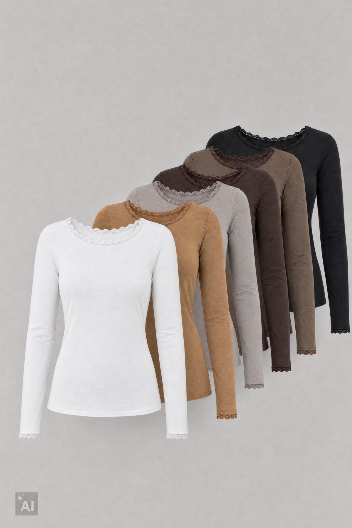 Longsleeve mit Spitze am Rundhalsausschnitt, stein
