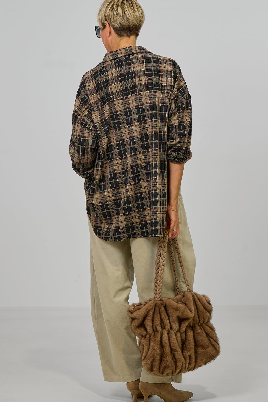 Oversized Hemd im Karomuster, taupe-schwarz