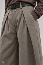 Wollige Hose mit Überschlägen, taupe-fischgrät