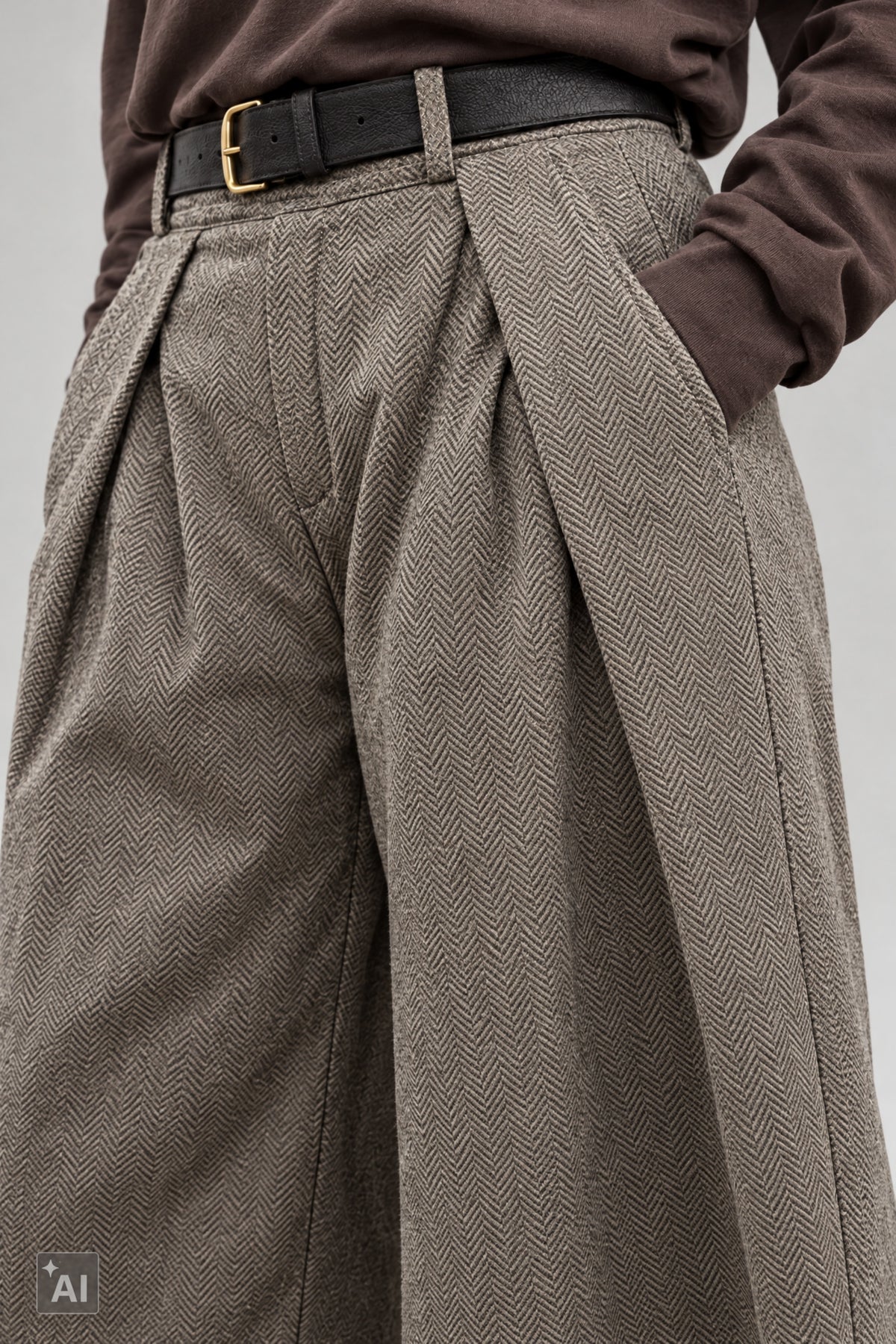 Wollige Hose mit Überschlägen, taupe-fischgrät