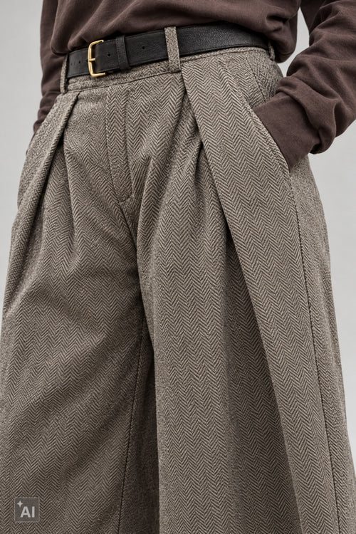 Wollige Hose mit Überschlägen, taupe-fischgrät