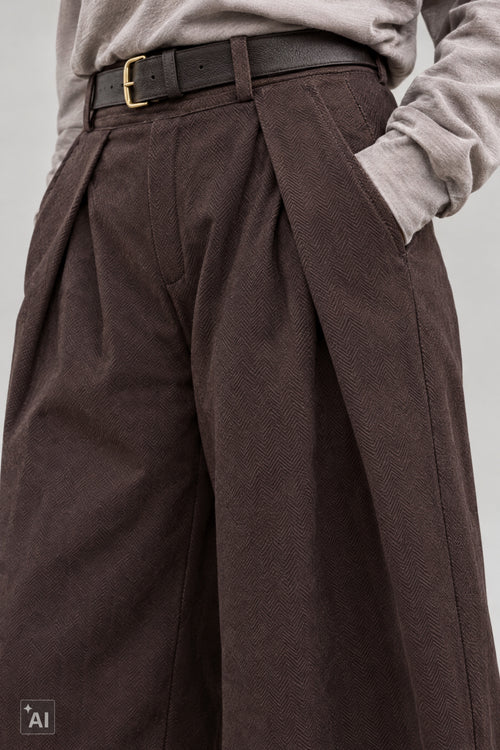 Wollige Hose mit Überschlägen, braun-fischgrät