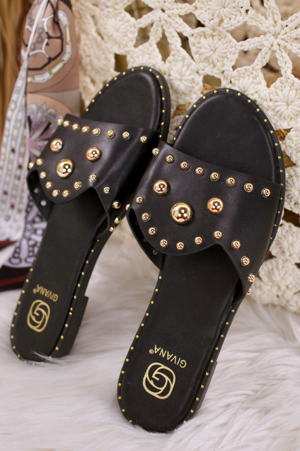 Sommer Pantolette, schwarz-gold