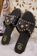 Sommer Pantolette, schwarz-gold