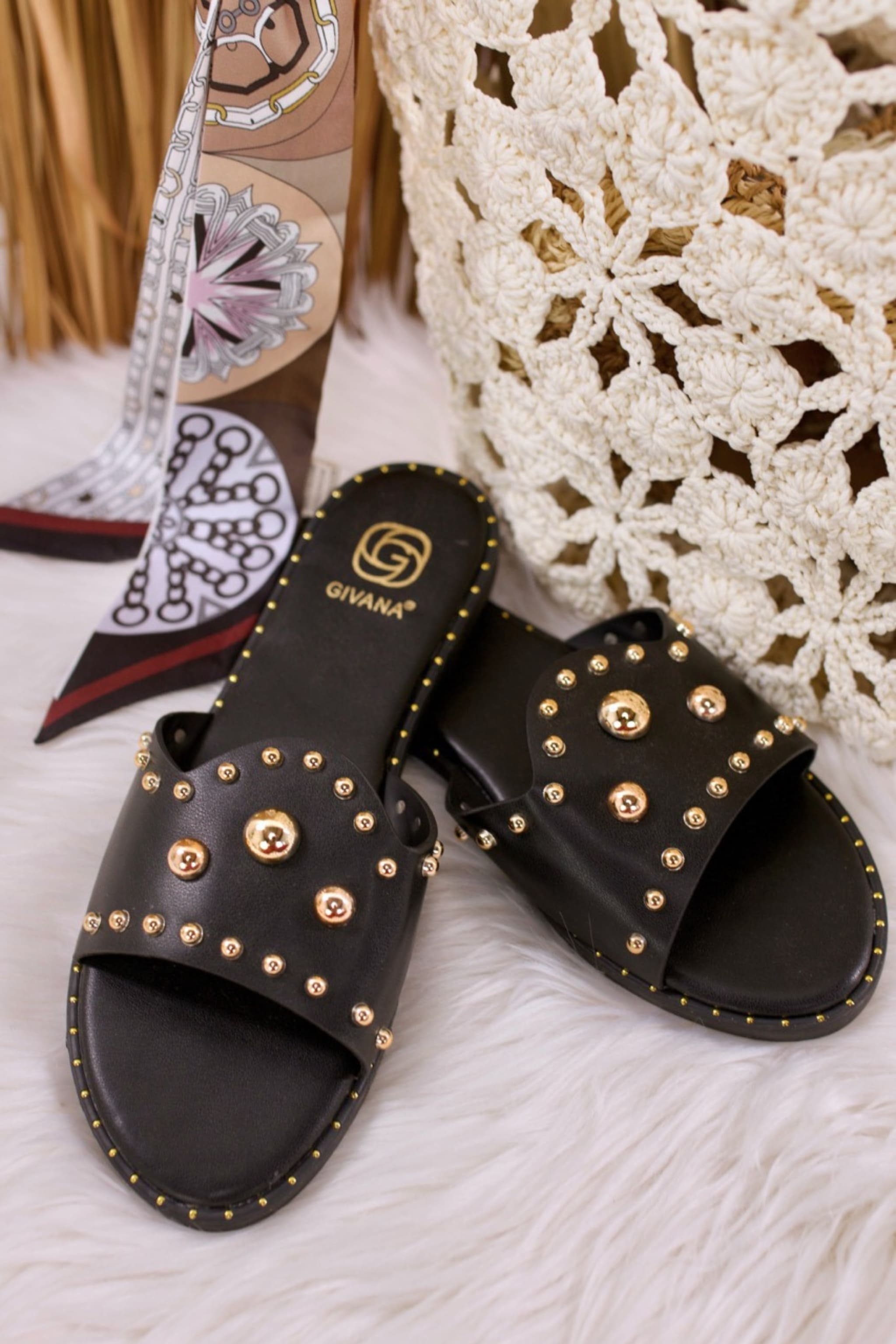 Sommer Pantolette, schwarz-gold