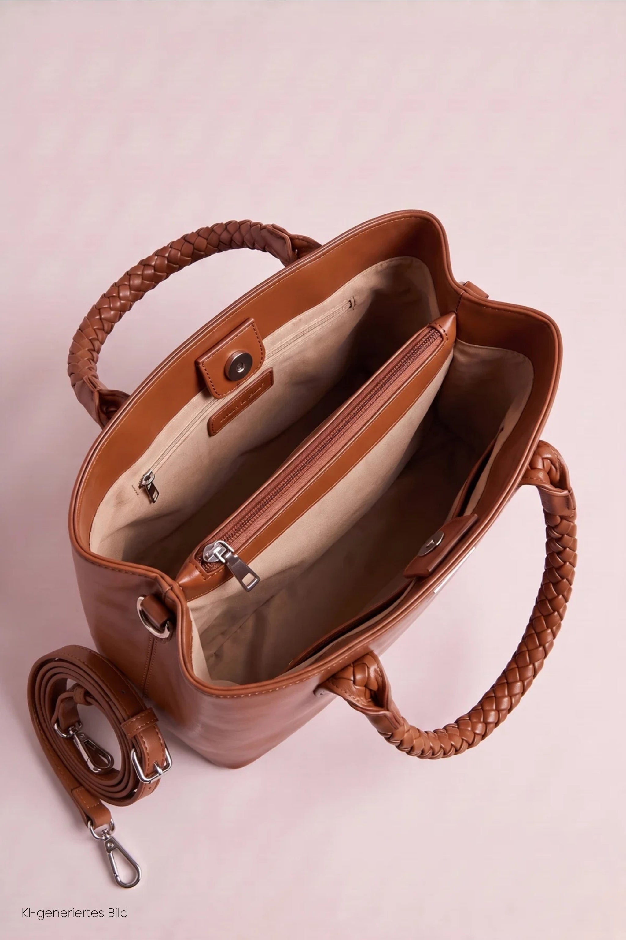 elegante Tasche mit geflochtenem Henkel, camel/hellbraun