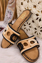 Boho Pantolette, schwarz-creme-nude