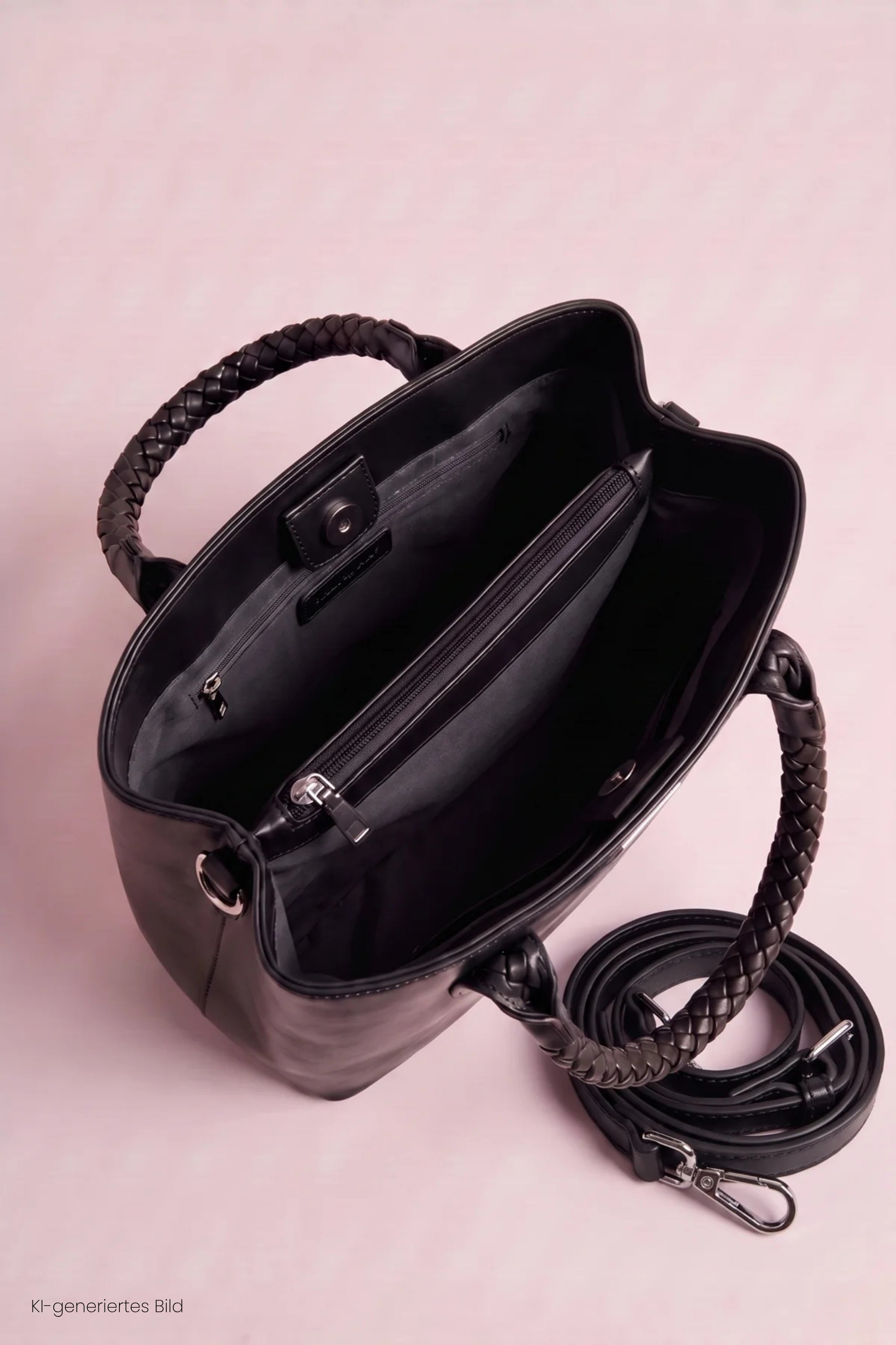 elegante Tasche mit geflochtenem Henkel, schwarz
