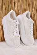 Plateau Sneaker mit Spitze und Glitzer, weiß